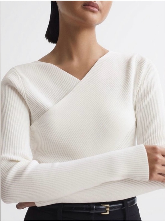 Reiss Tops - Reiss Cream Ribbed Wrap-Front Long Sleeve Top